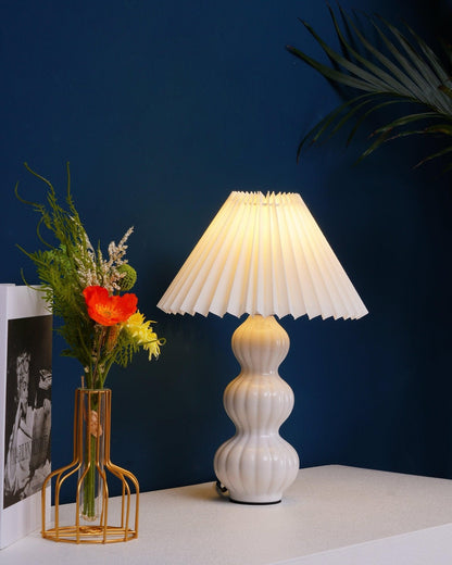 Leo Table Lamp Ribbed Ceramic White Linen LED Indoor Lighting