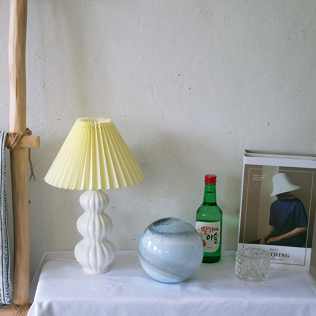 Leo Table Lamp Ribbed Ceramic White Linen LED Indoor Lighting