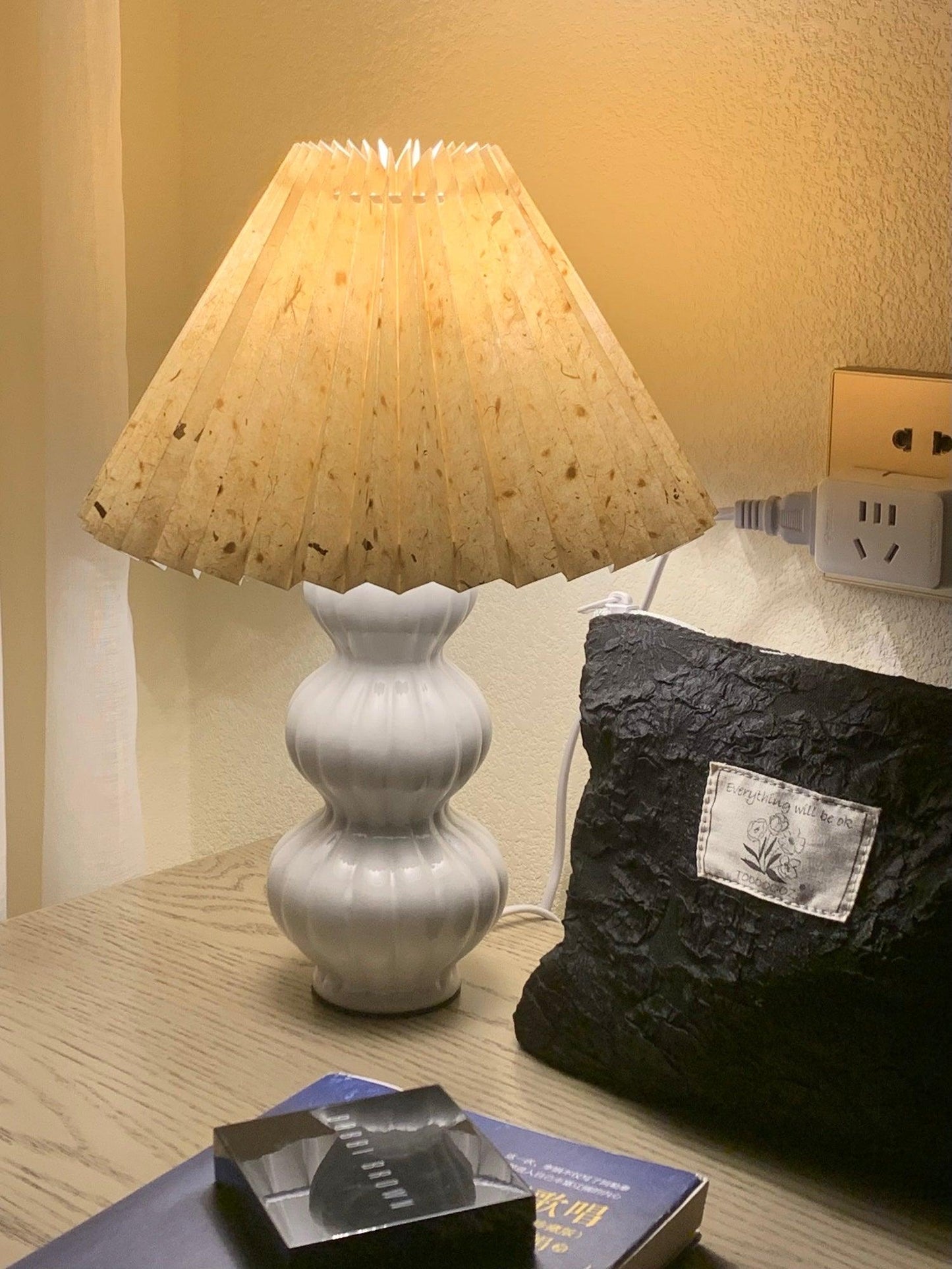 Leo Table Lamp Ribbed Ceramic White Linen LED Indoor Lighting