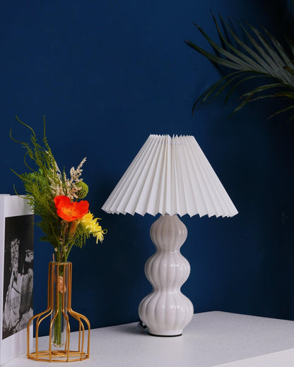 Leo Table Lamp Ribbed Ceramic White Linen LED Indoor Lighting