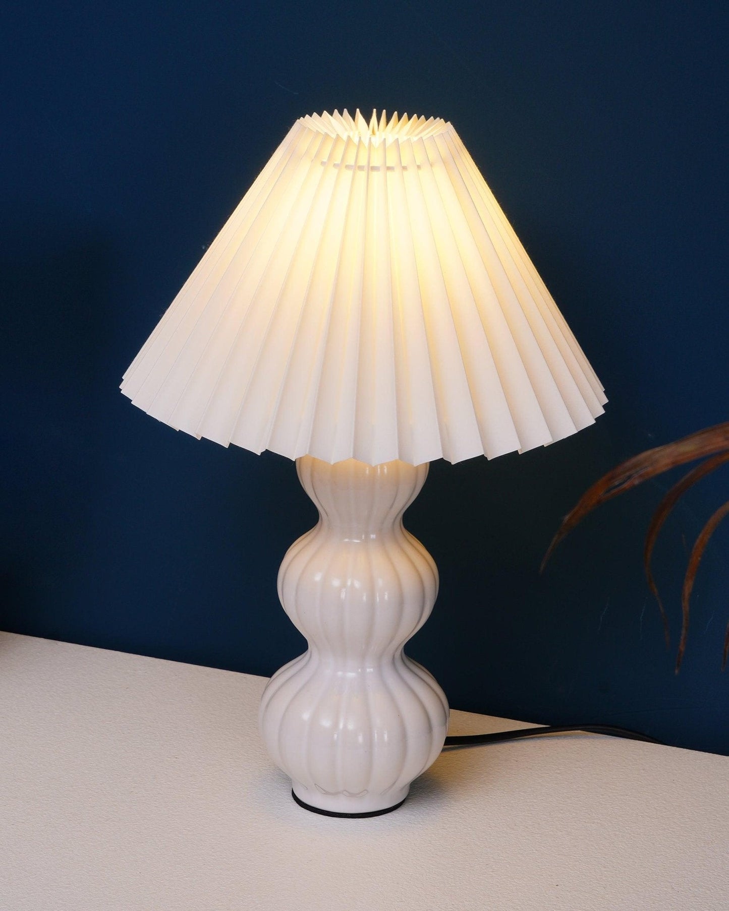 Leo Table Lamp Ribbed Ceramic White Linen LED Indoor Lighting