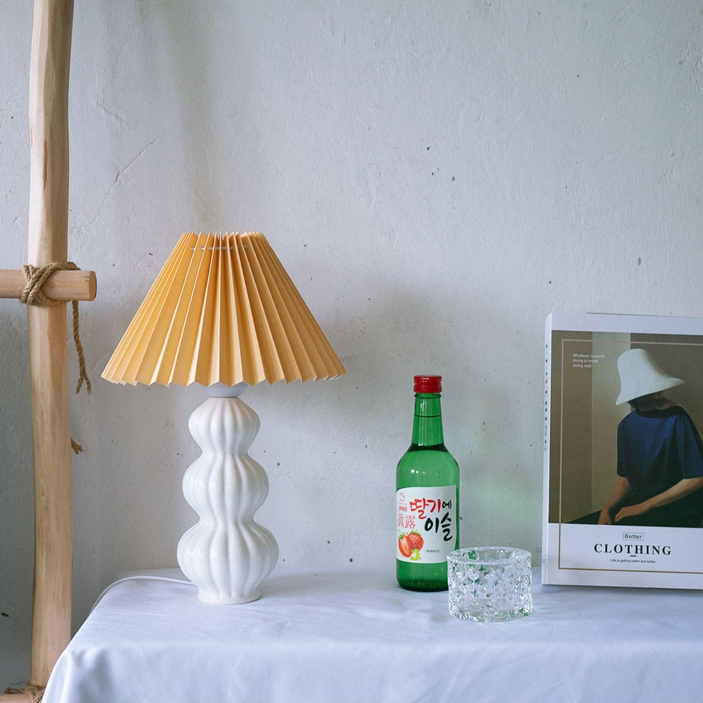 Leo Table Lamp Ribbed Ceramic White Linen LED Indoor Lighting