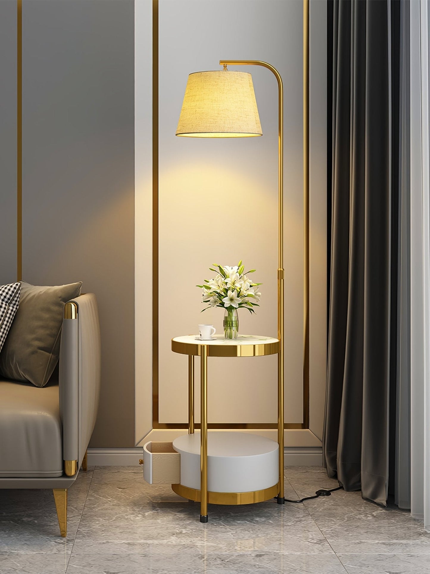 Gold Floor Lamp Table with Storage Shelf