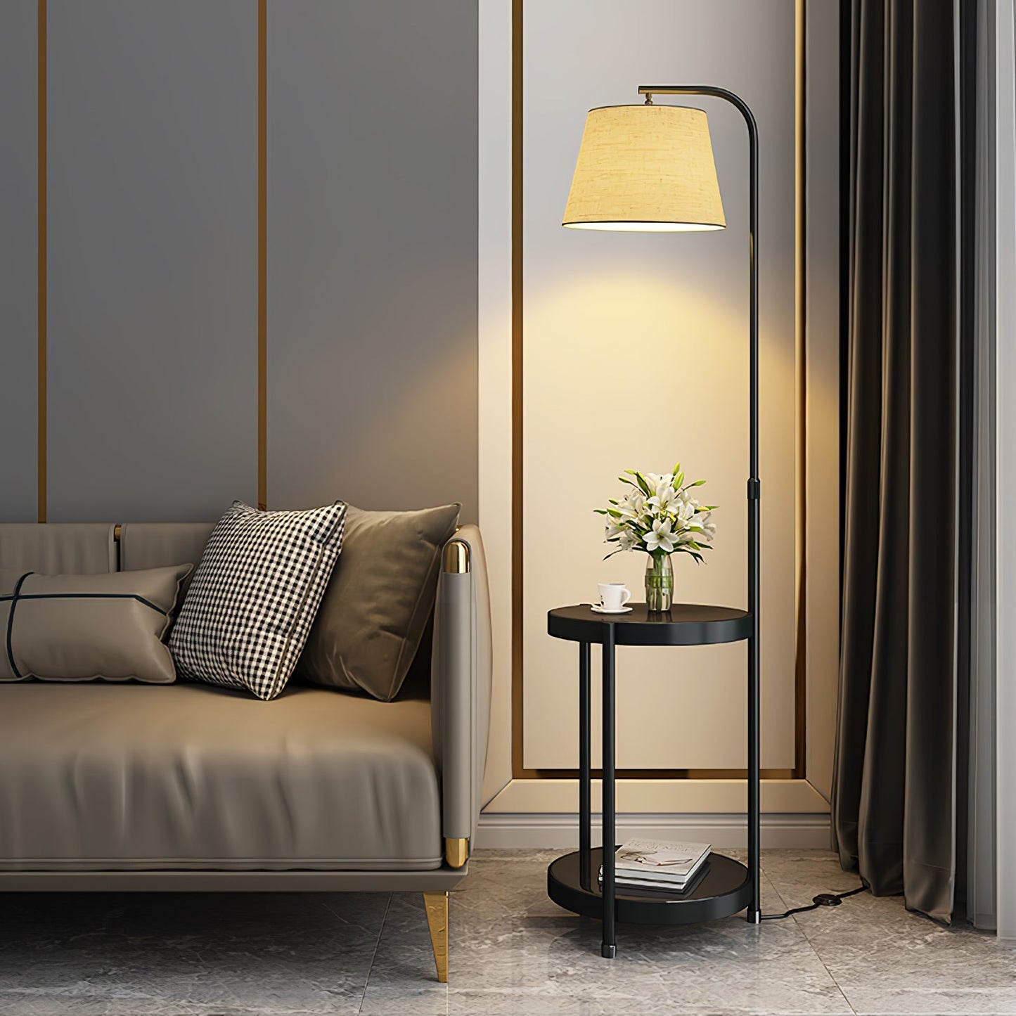 Gold Floor Lamp Table with Storage Shelf