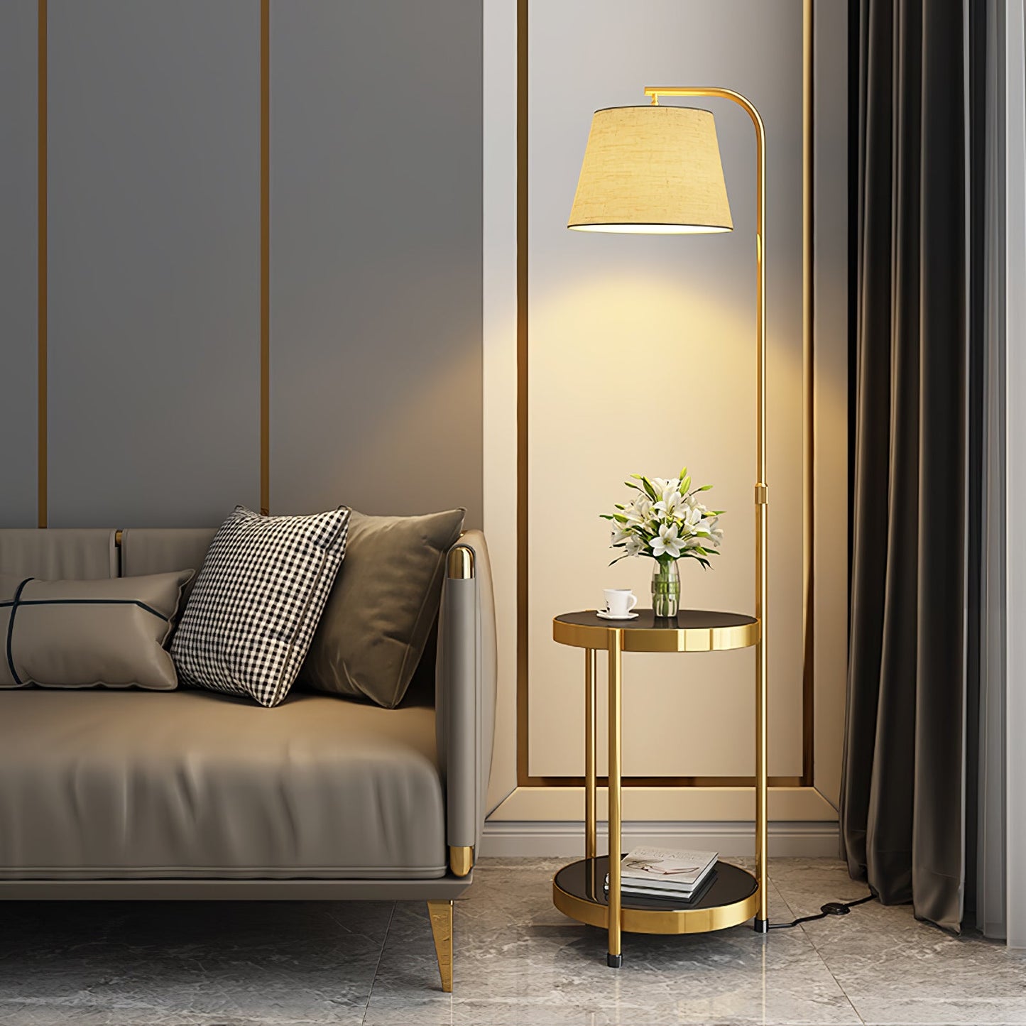 Gold Floor Lamp Table with Storage Shelf