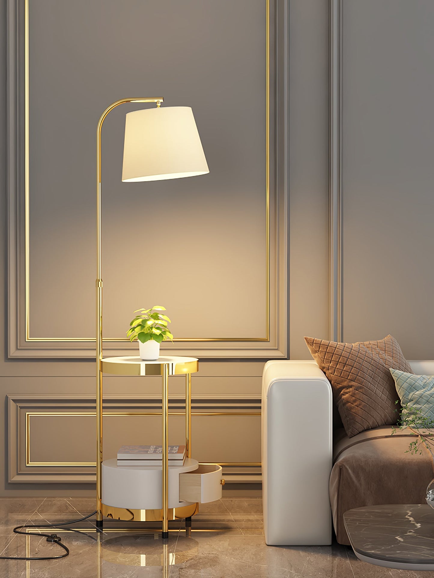 Gold Floor Lamp Table with Storage Shelf