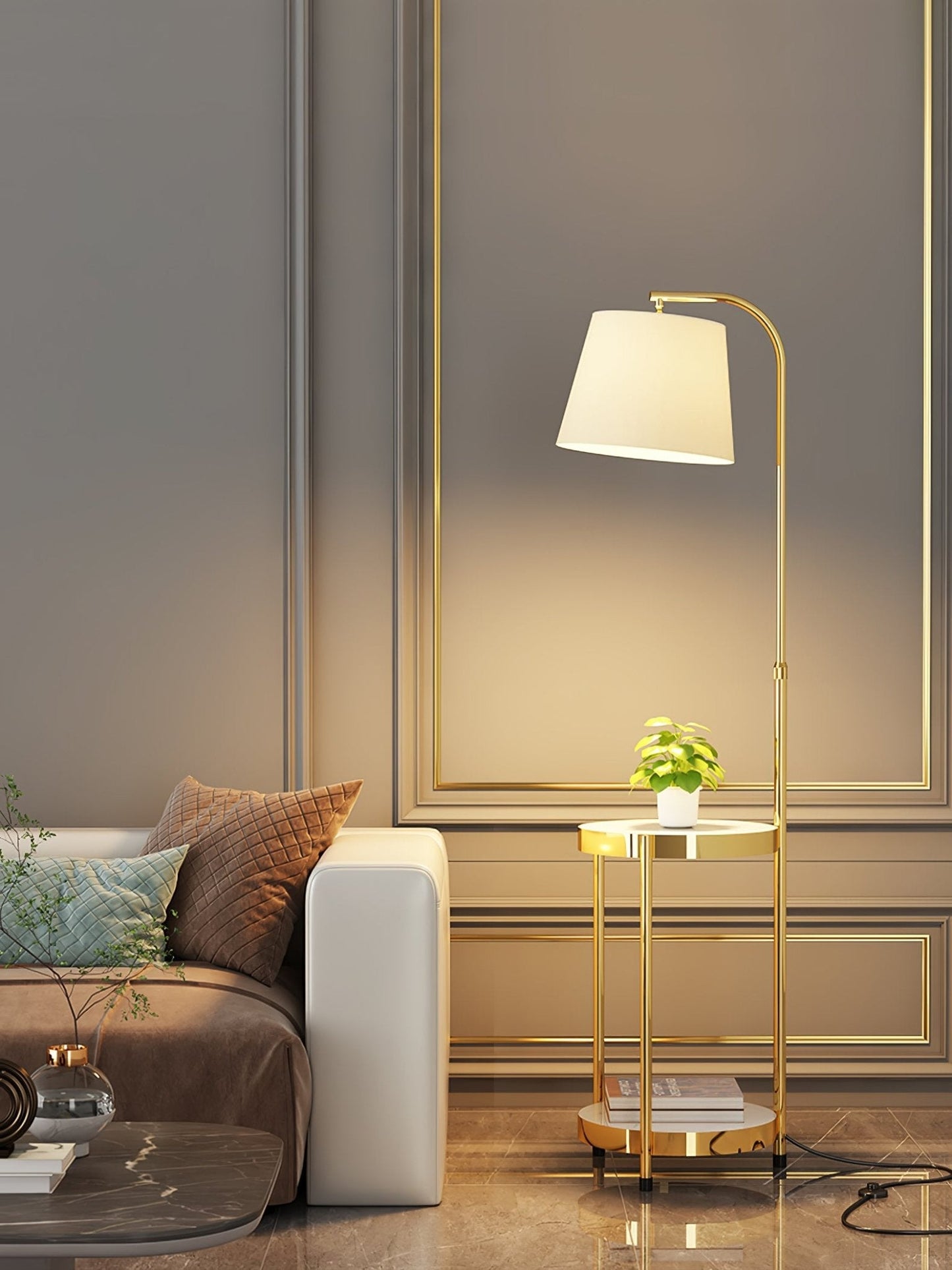 Gold Floor Lamp Table with Storage Shelf