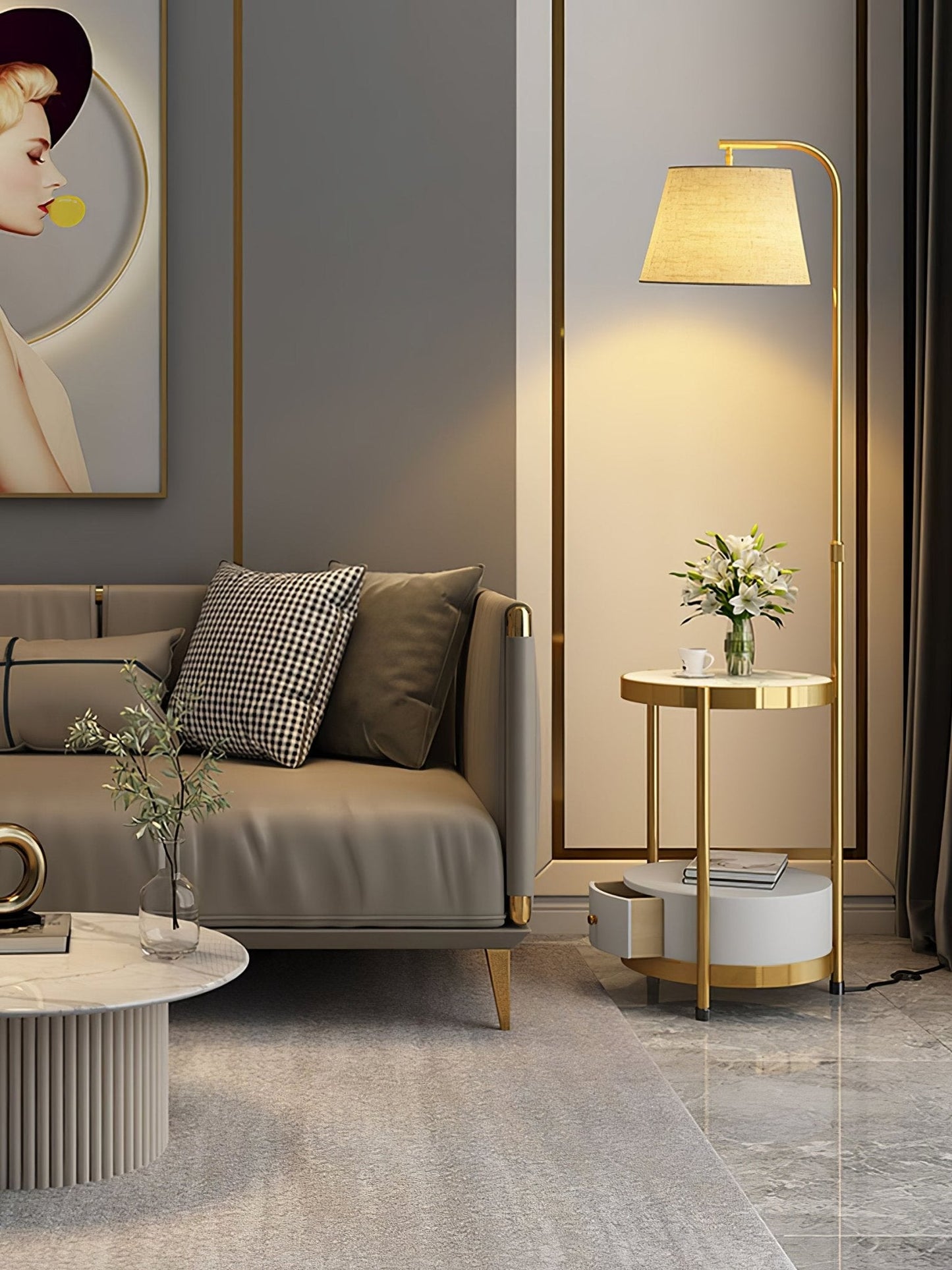 Gold Floor Lamp Table with Storage Shelf