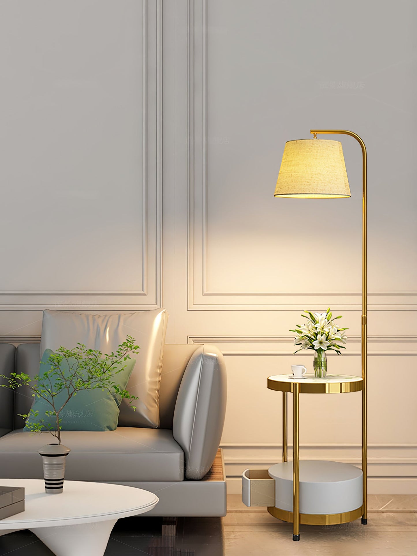 Gold Floor Lamp Table with Storage Shelf