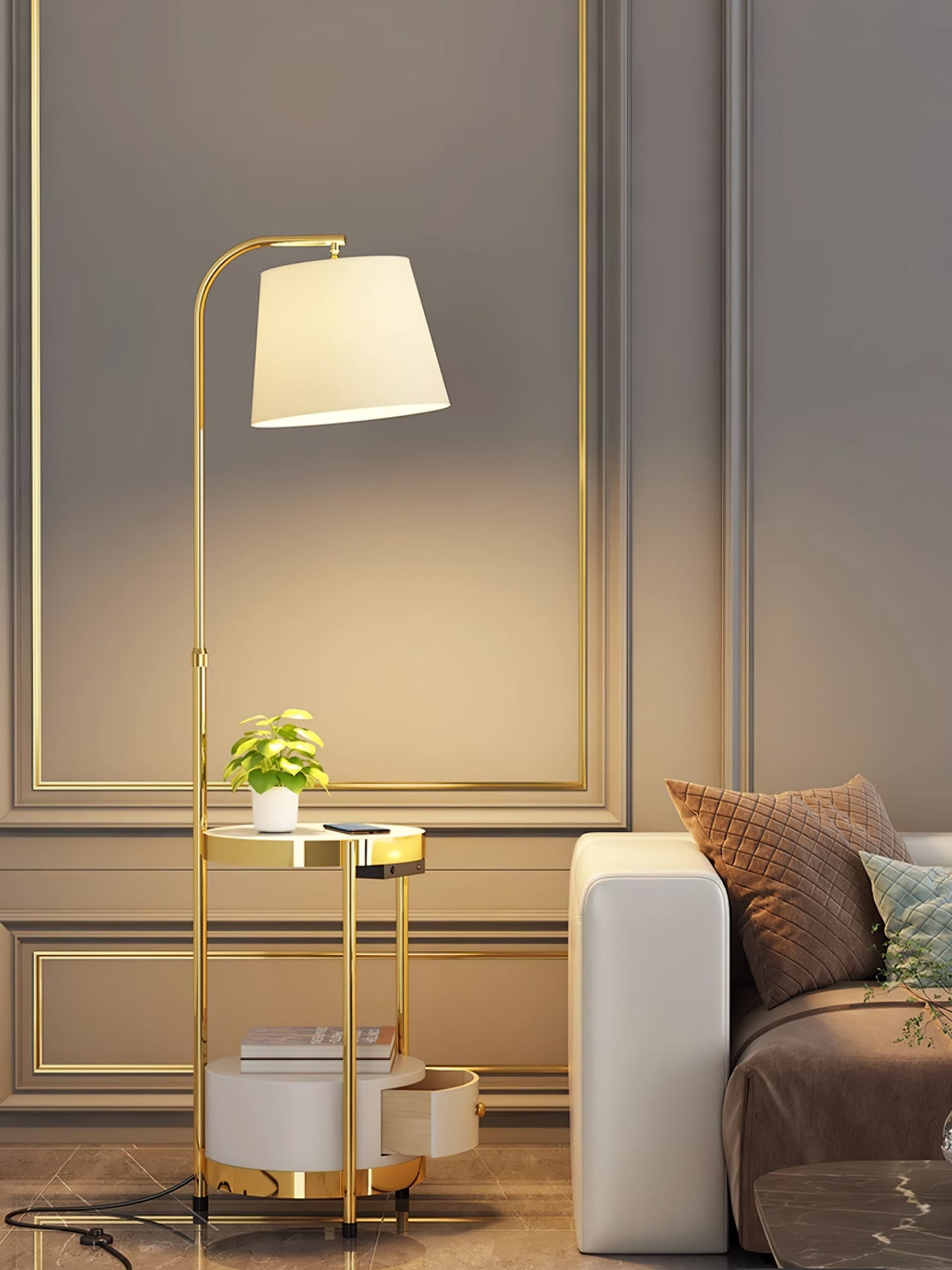 Gold Floor Lamp Table with Storage Shelf