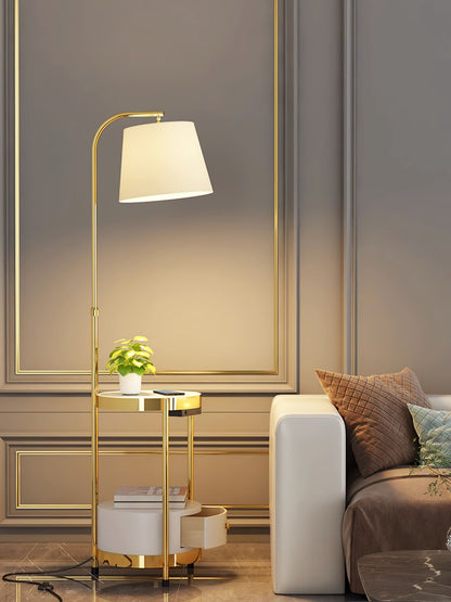 Gold Floor Lamp Table with Storage Shelf