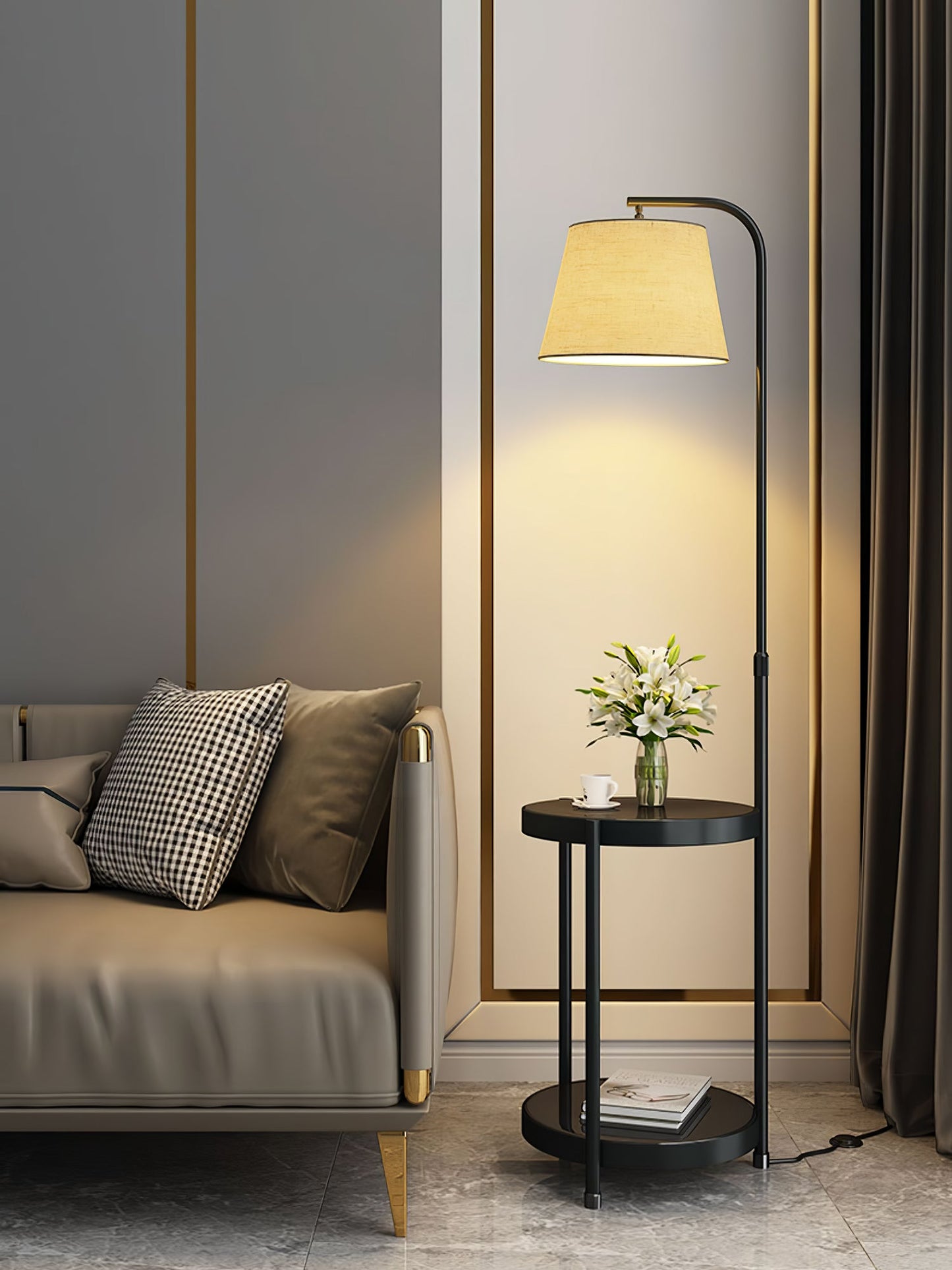 Gold Floor Lamp Table with Storage Shelf