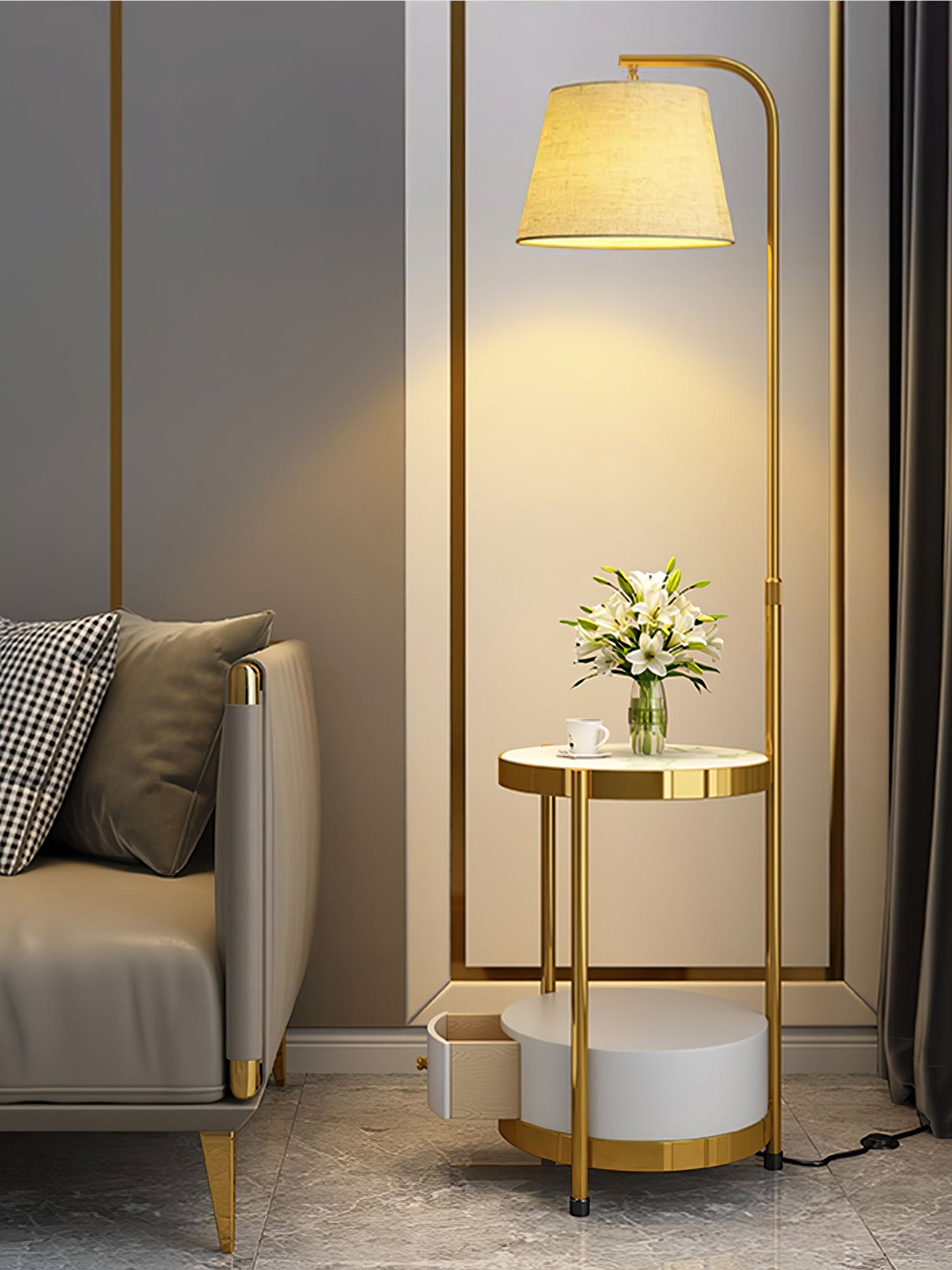 Gold Floor Lamp Table with Storage Shelf