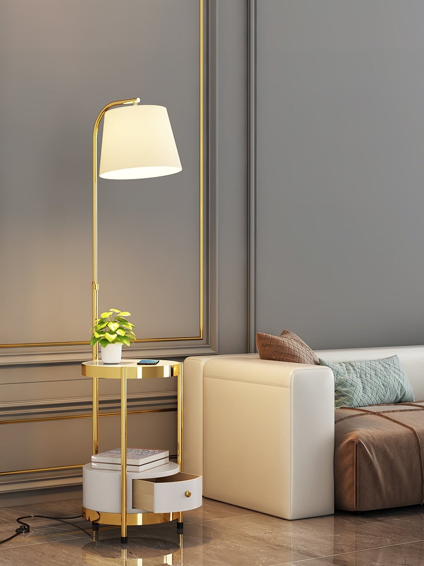 Gold Floor Lamp Table with Storage Shelf
