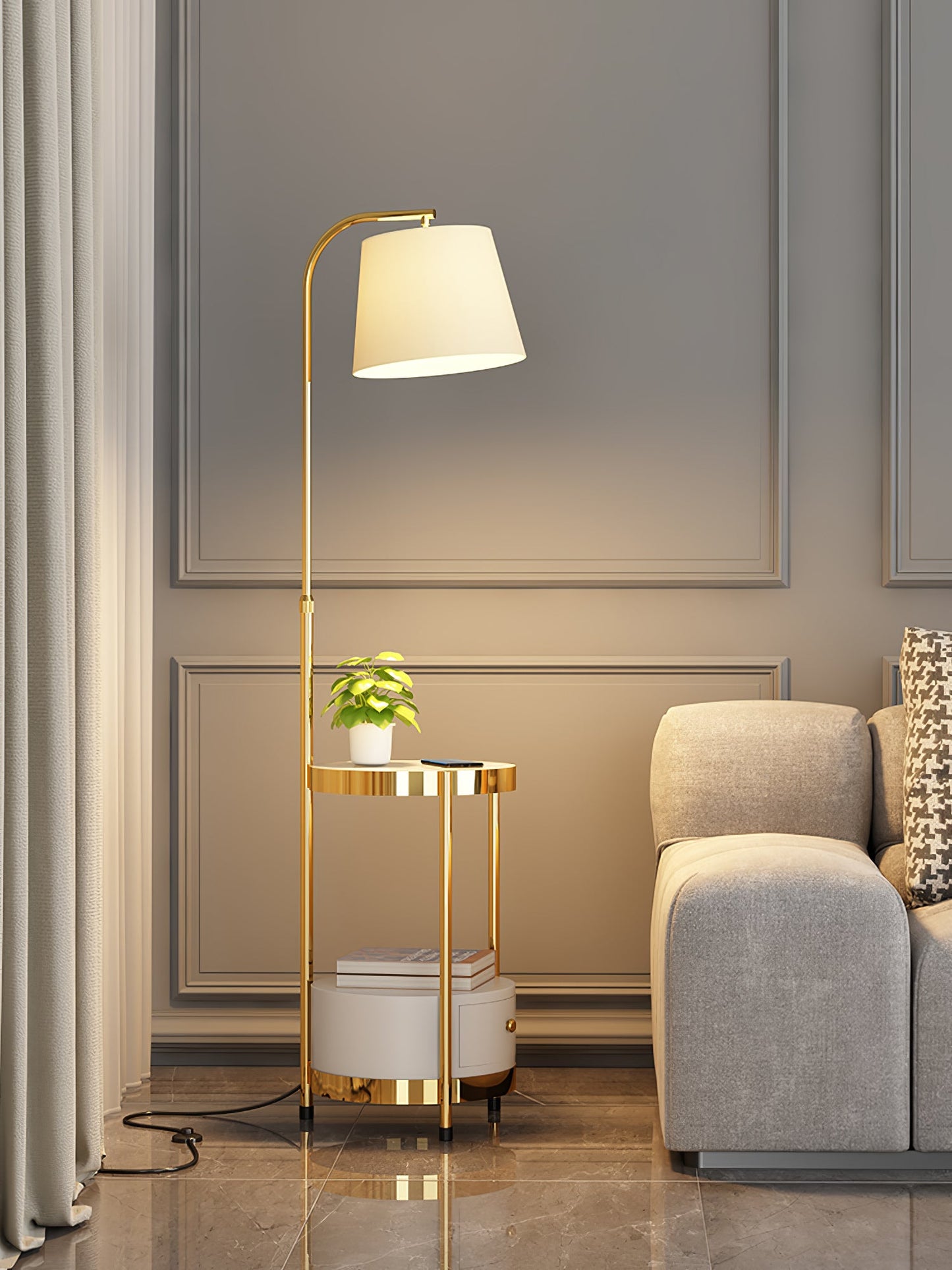 Gold Floor Lamp Table with Storage Shelf