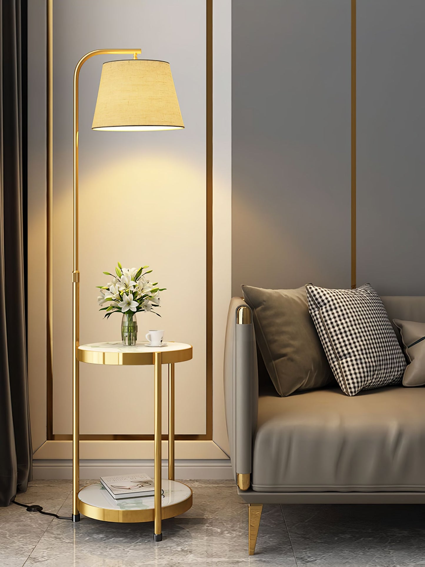 Gold Floor Lamp Table with Storage Shelf