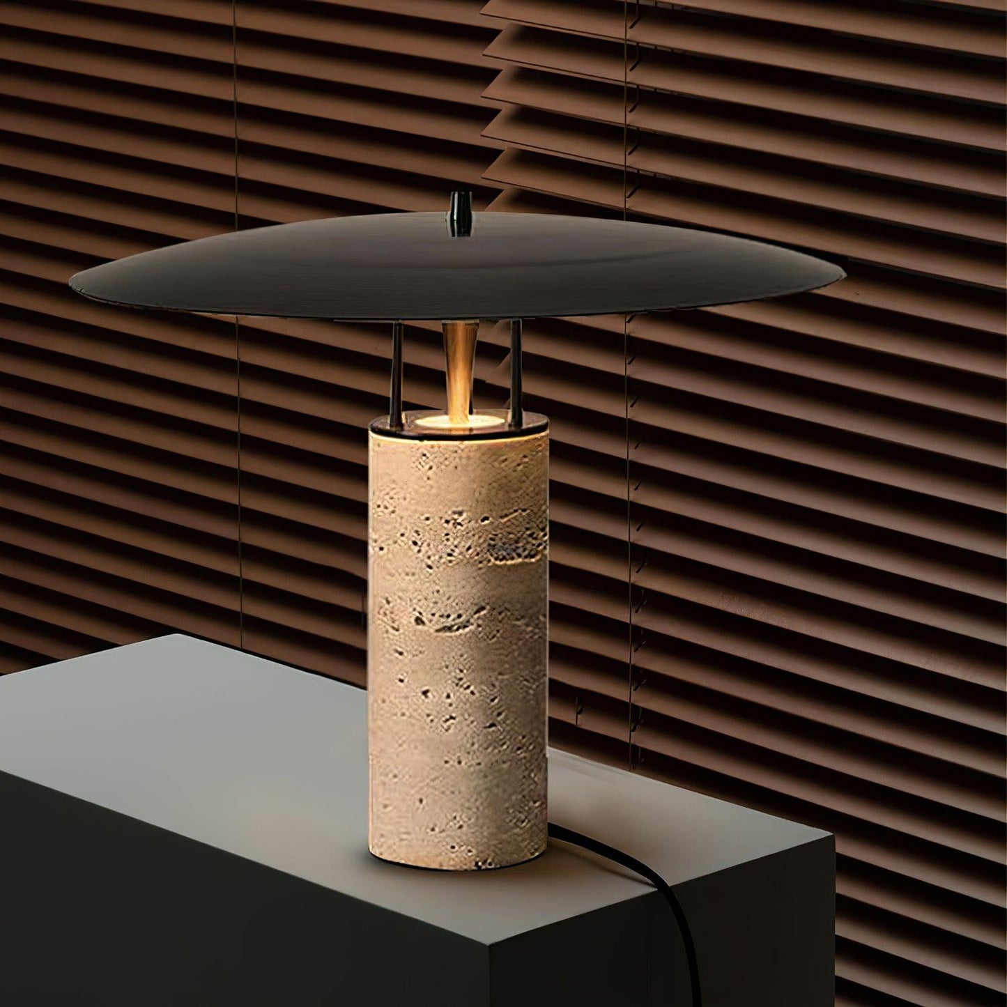 Luna Modern Table Lamp – Travertine and Metal LED Lamp with Black Shade