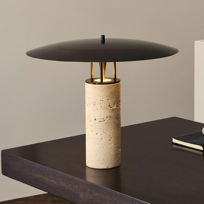 Luna Modern Table Lamp – Travertine and Metal LED Lamp with Black Shade