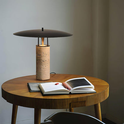 Luna Modern Table Lamp – Travertine and Metal LED Lamp with Black Shade