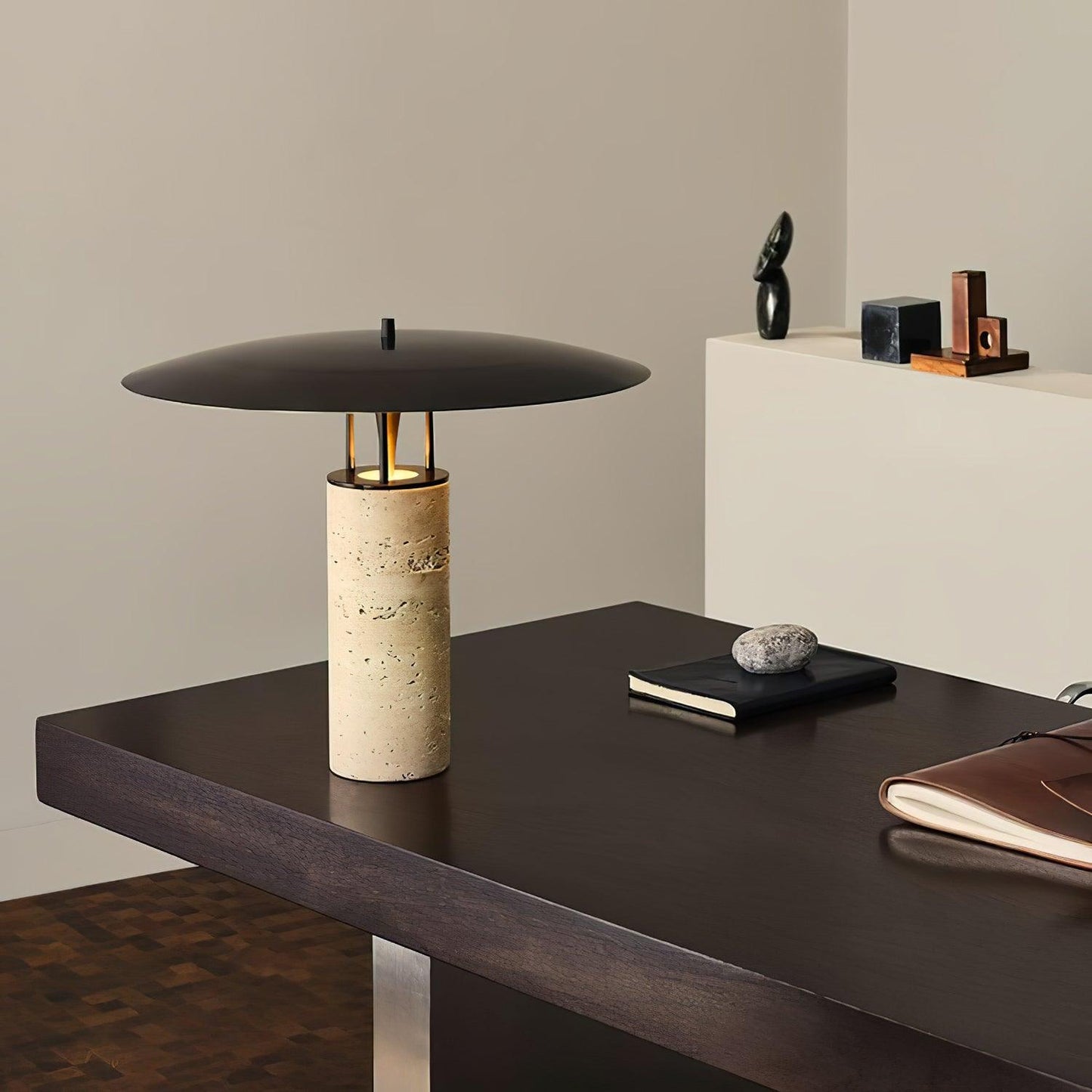 Luna Modern Table Lamp – Travertine and Metal LED Lamp with Black Shade