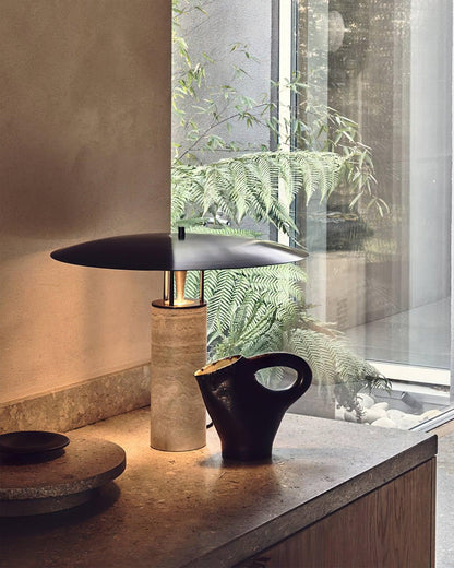 Luna Modern Table Lamp – Travertine and Metal LED Lamp with Black Shade