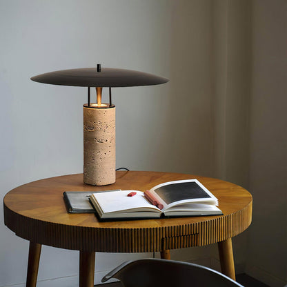 Luna Modern Table Lamp – Travertine and Metal LED Lamp with Black Shade