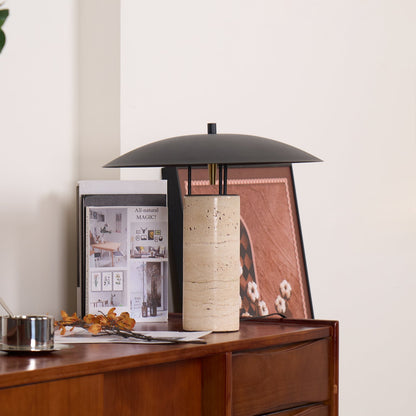 Luna Modern Table Lamp – Travertine and Metal LED Lamp with Black Shade