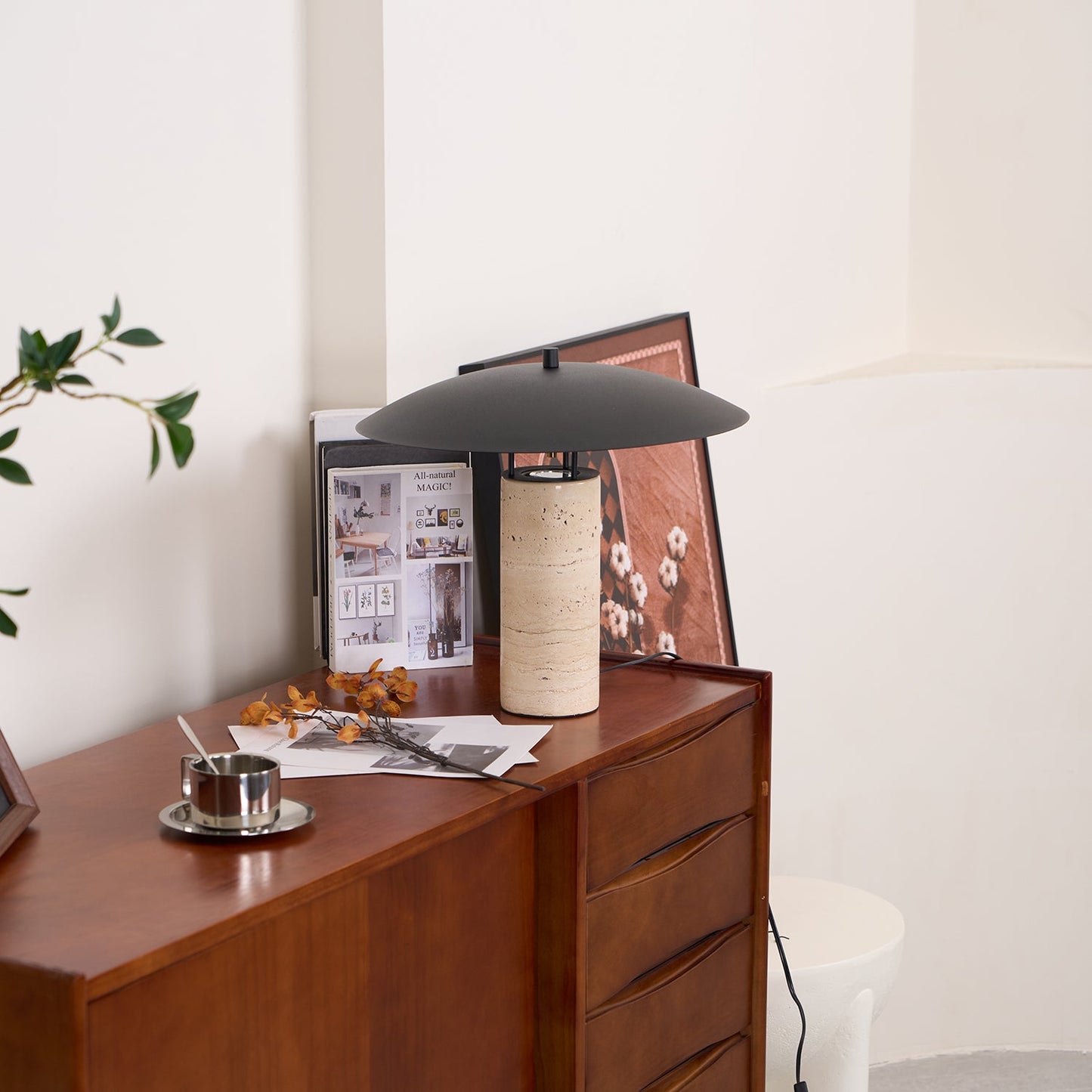 Luna Modern Table Lamp – Travertine and Metal LED Lamp with Black Shade