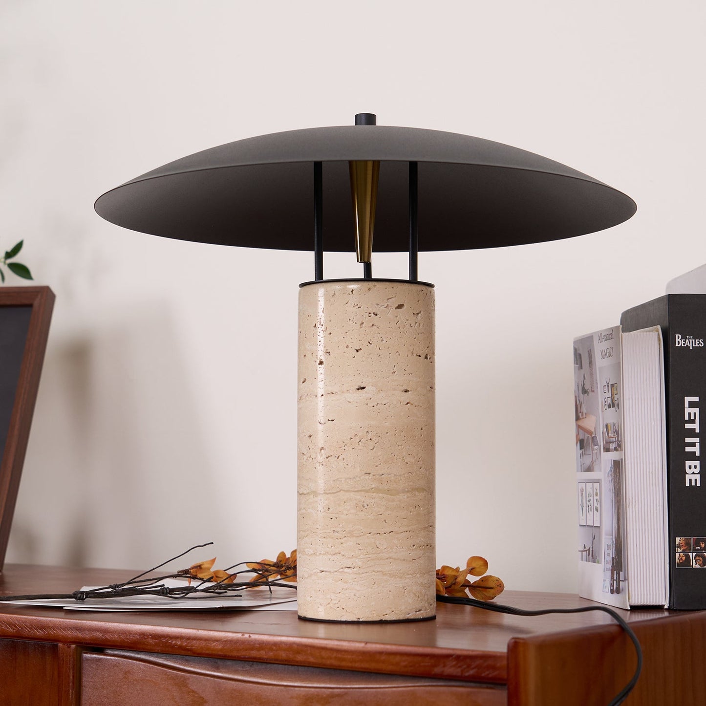 Luna Modern Table Lamp – Travertine and Metal LED Lamp with Black Shade