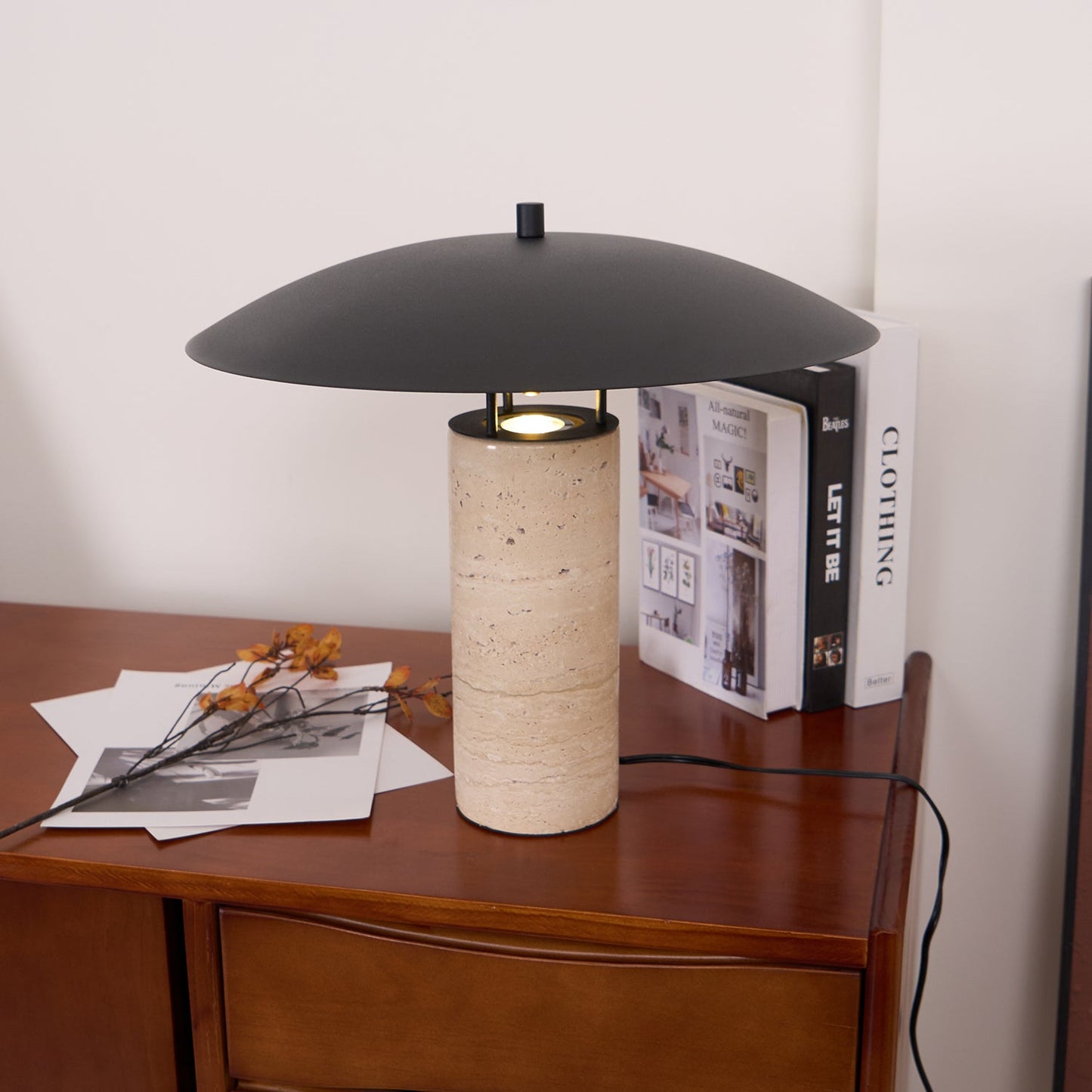 Luna Modern Table Lamp – Travertine and Metal LED Lamp with Black Shade