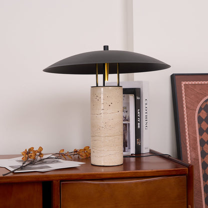 Luna Modern Table Lamp – Travertine and Metal LED Lamp with Black Shade