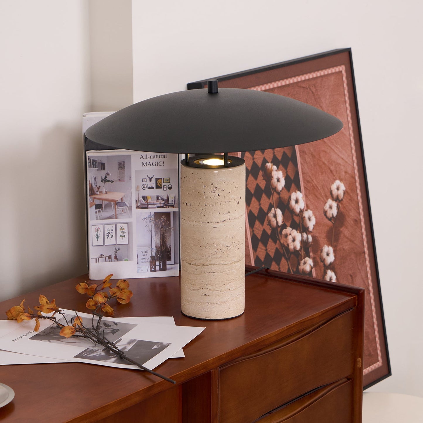 Luna Modern Table Lamp – Travertine and Metal LED Lamp with Black Shade