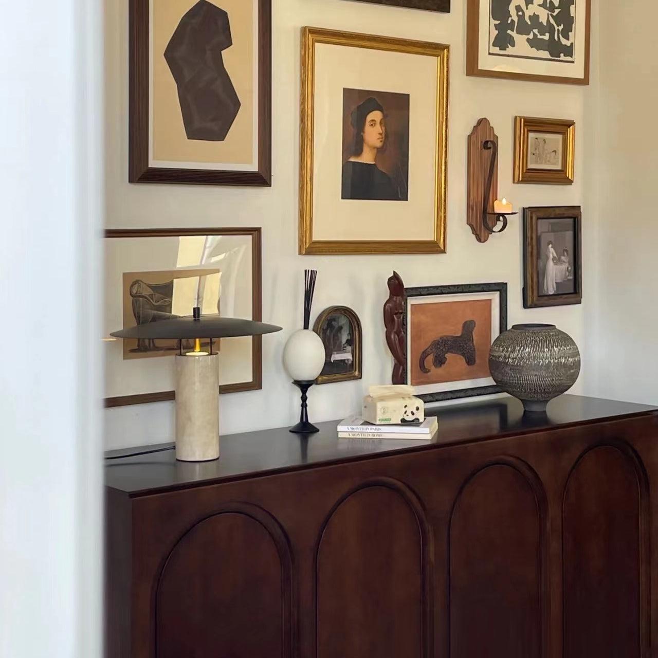 Luna Modern Table Lamp – Travertine and Metal LED Lamp with Black Shade