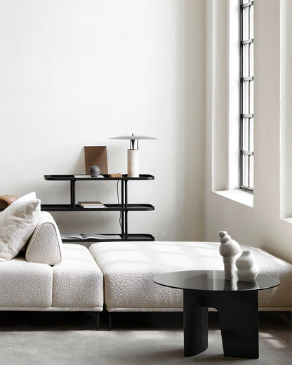 Luna Modern Table Lamp – Travertine and Metal LED Lamp with Black Shade