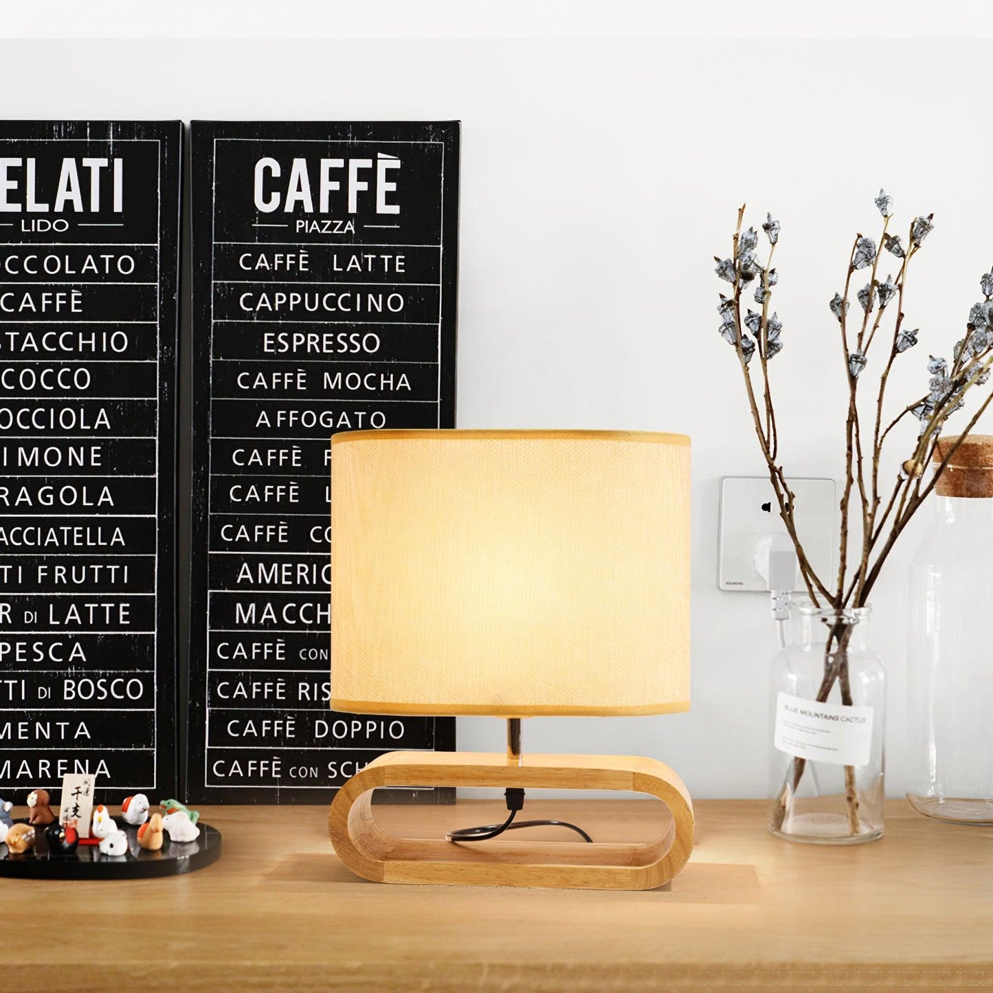 Moti Wood Table Lamp Brown Fabric LED Desk Lamp Bedroom Lighting