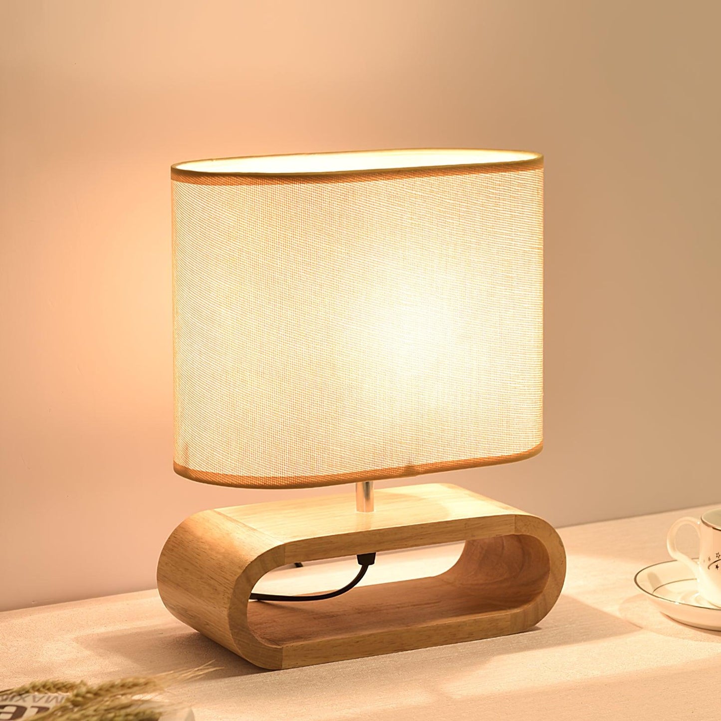 Moti Wood Table Lamp Brown Fabric LED Desk Lamp Bedroom Lighting