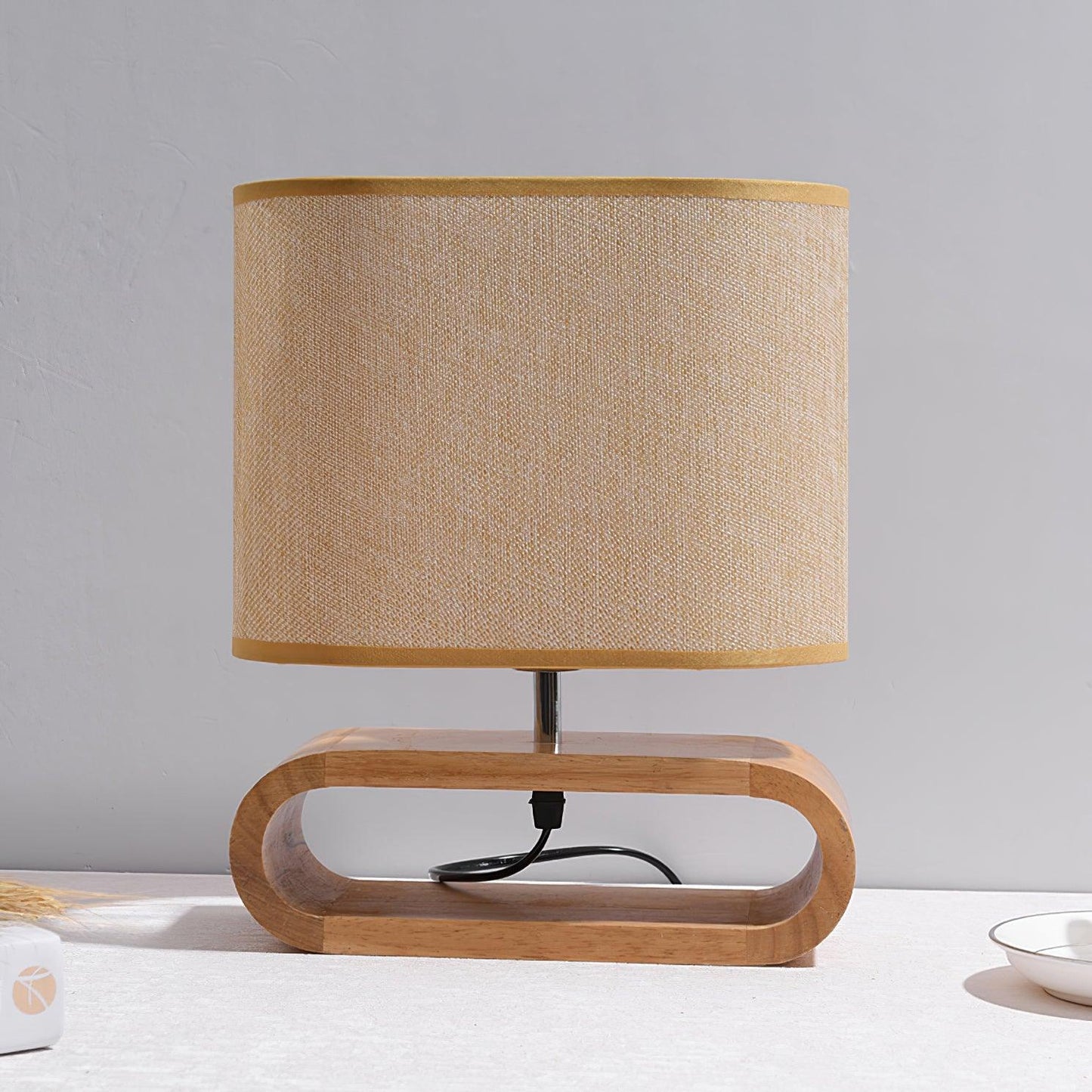 Moti Wood Table Lamp Brown Fabric LED Desk Lamp Bedroom Lighting