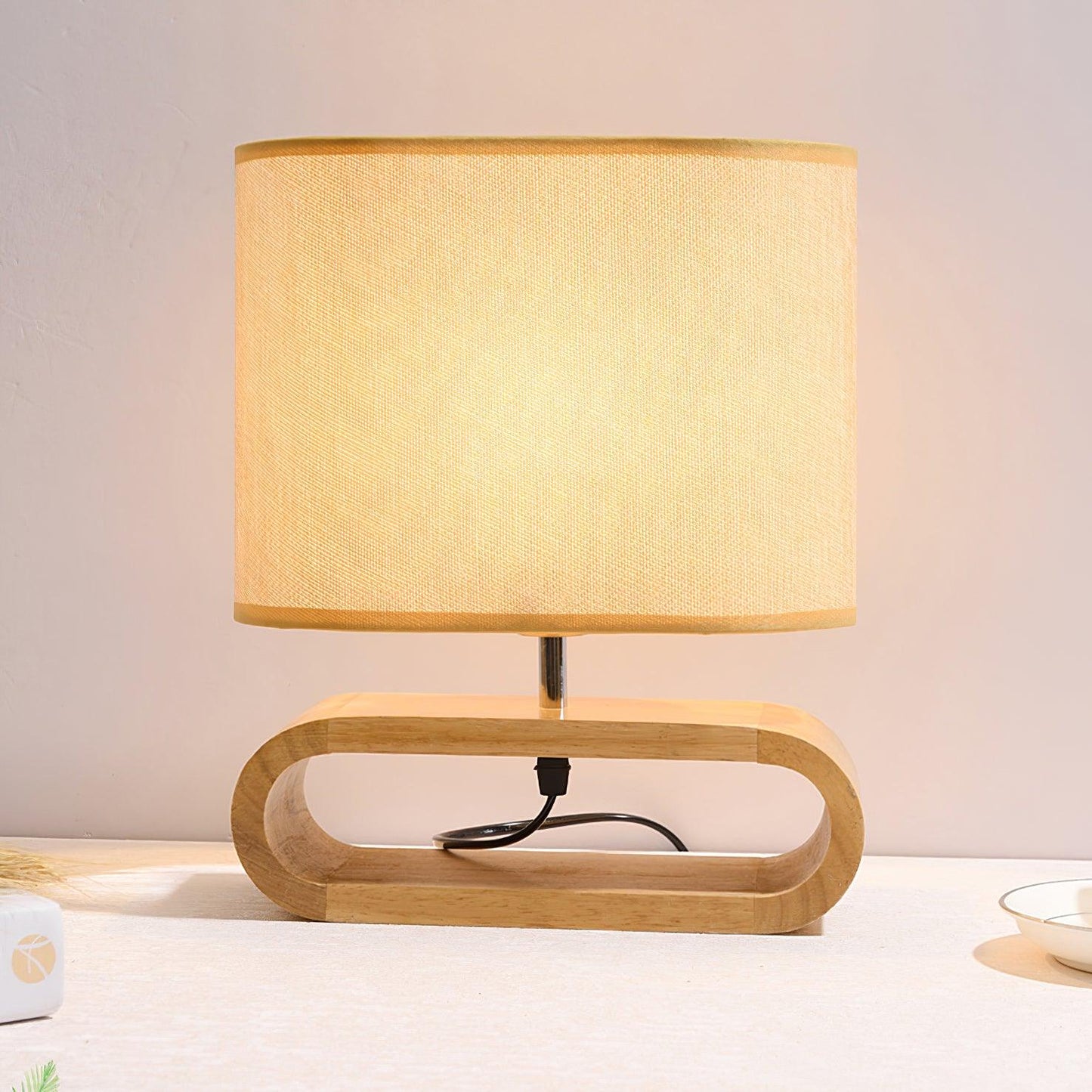 Moti Wood Table Lamp Brown Fabric LED Desk Lamp Bedroom Lighting