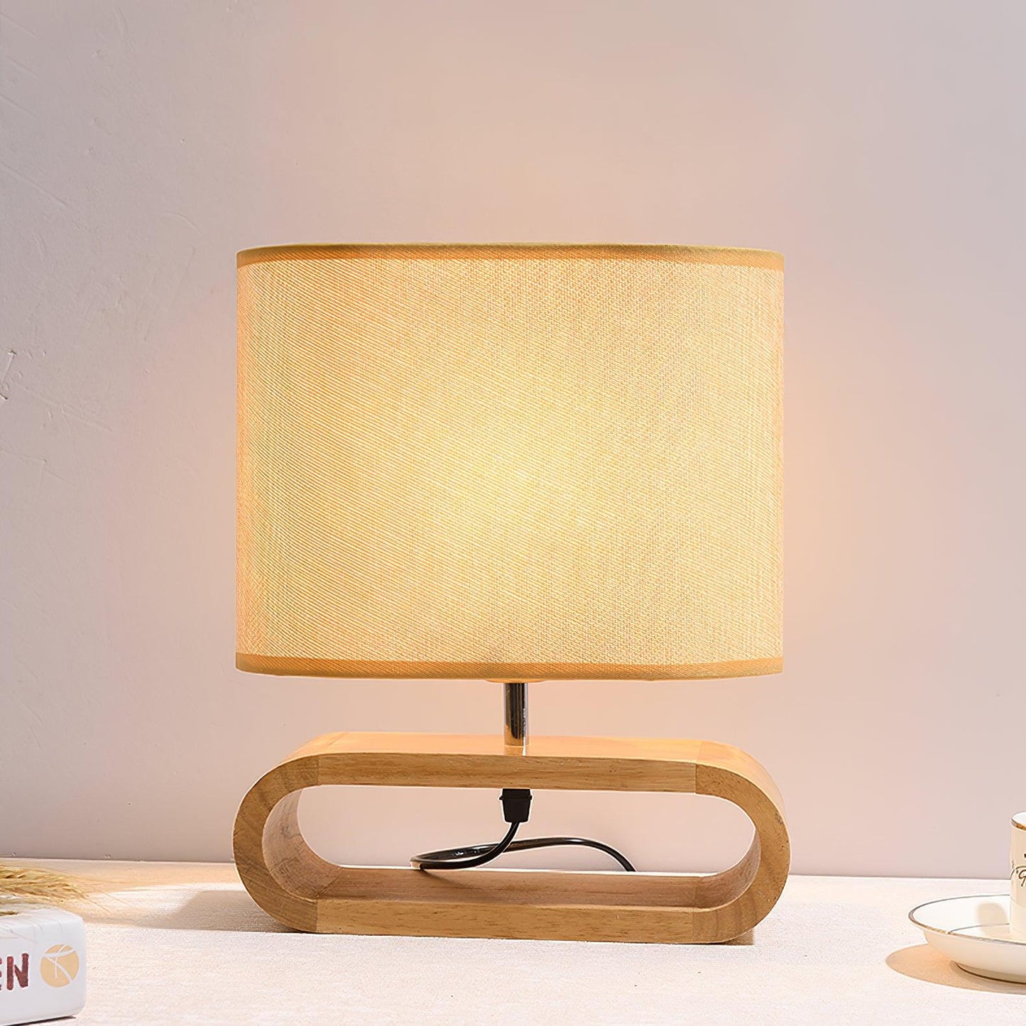 Moti Wood Table Lamp Brown Fabric LED Desk Lamp Bedroom Lighting
