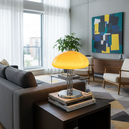 Mushroom Bauhaus Table Lamp Amber Glass Chrome LED Indoor Lighting