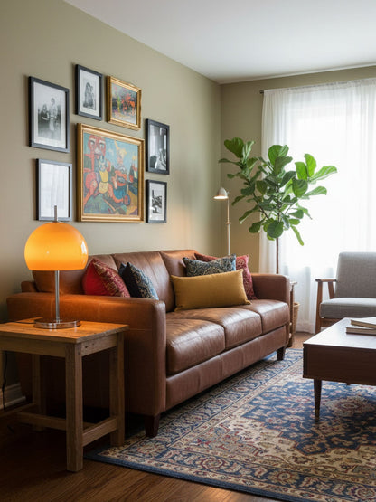 Mushroom Bauhaus Table Lamp Amber Glass Chrome LED Indoor Lighting