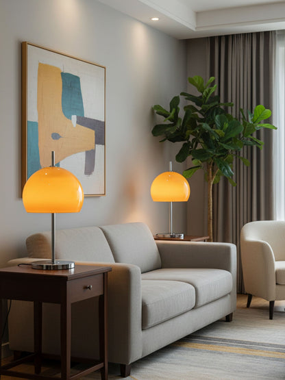 Mushroom Bauhaus Table Lamp Amber Glass Chrome LED Indoor Lighting