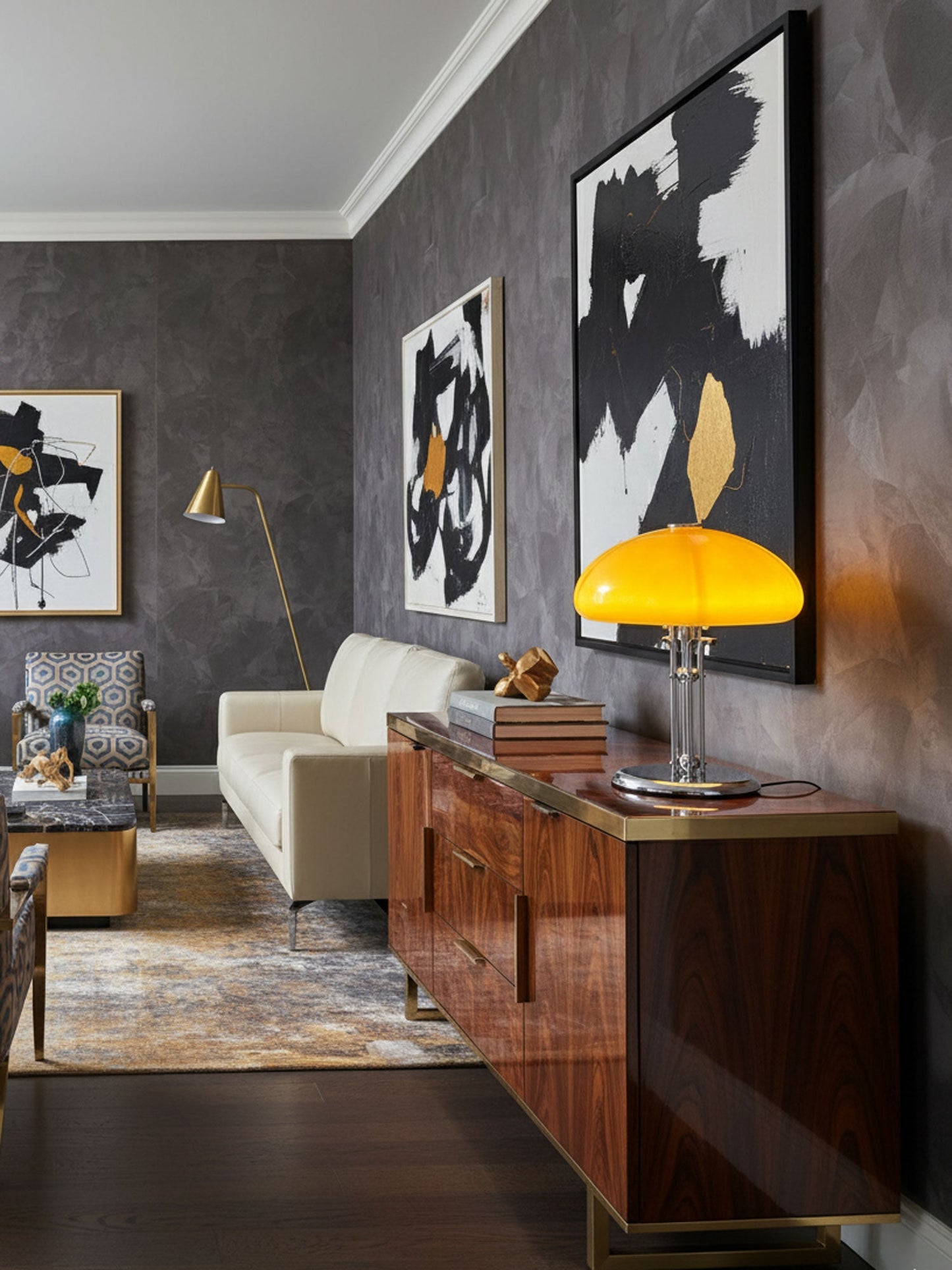 Mushroom Bauhaus Table Lamp Amber Glass Chrome LED Indoor Lighting