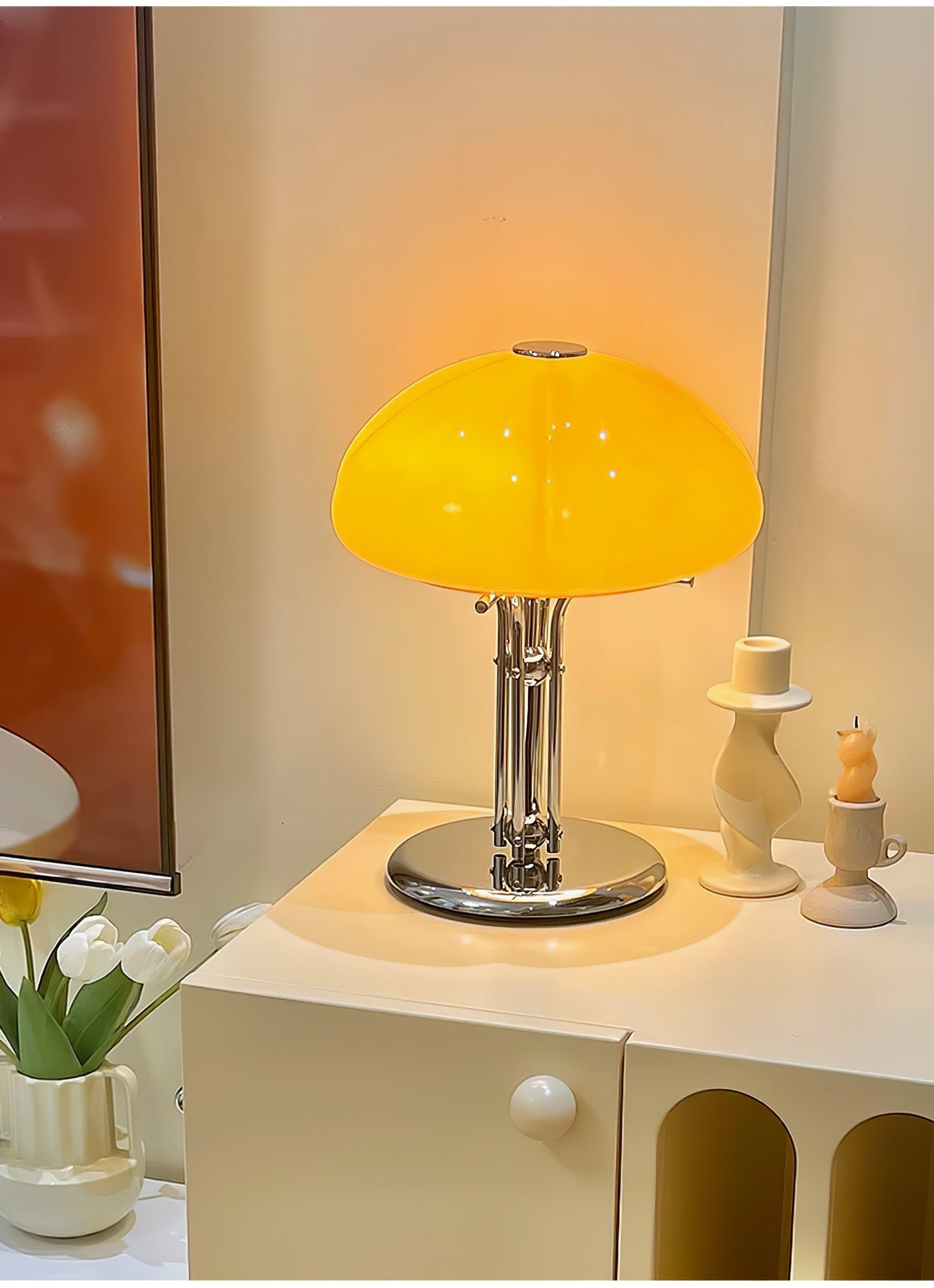 Mushroom Bauhaus Table Lamp Amber Glass Chrome LED Indoor Lighting