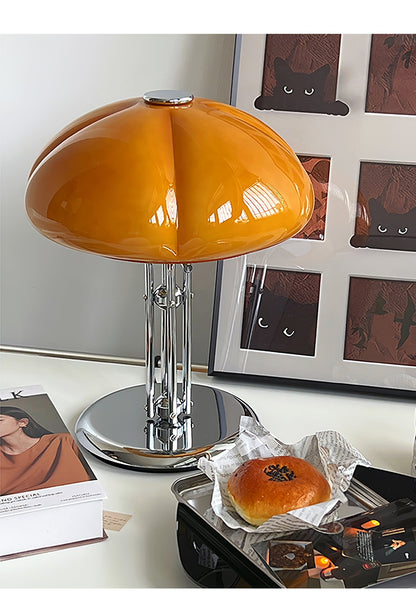 Mushroom Bauhaus Table Lamp Amber Glass Chrome LED Indoor Lighting