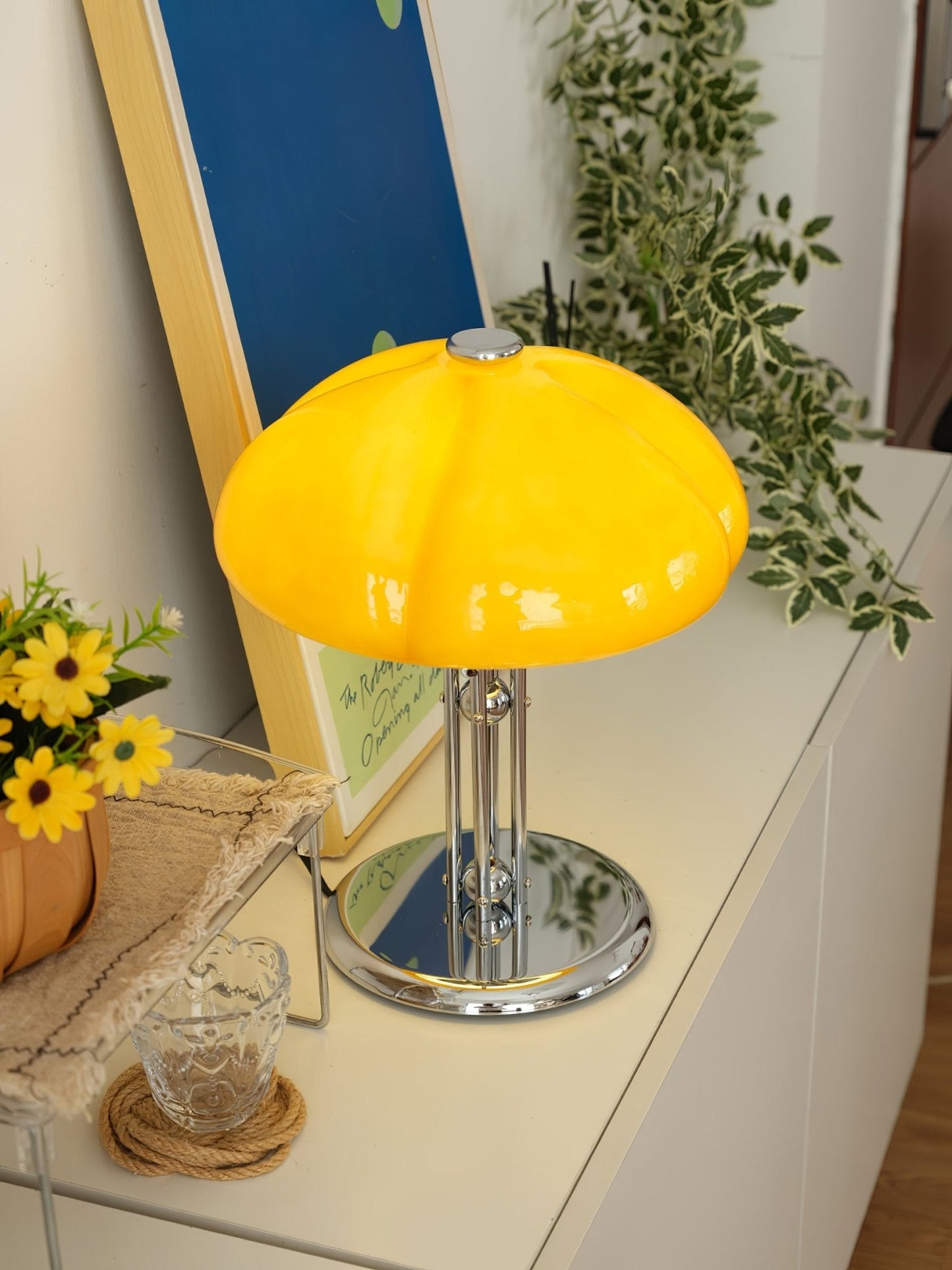 Mushroom Bauhaus Table Lamp Amber Glass Chrome LED Indoor Lighting