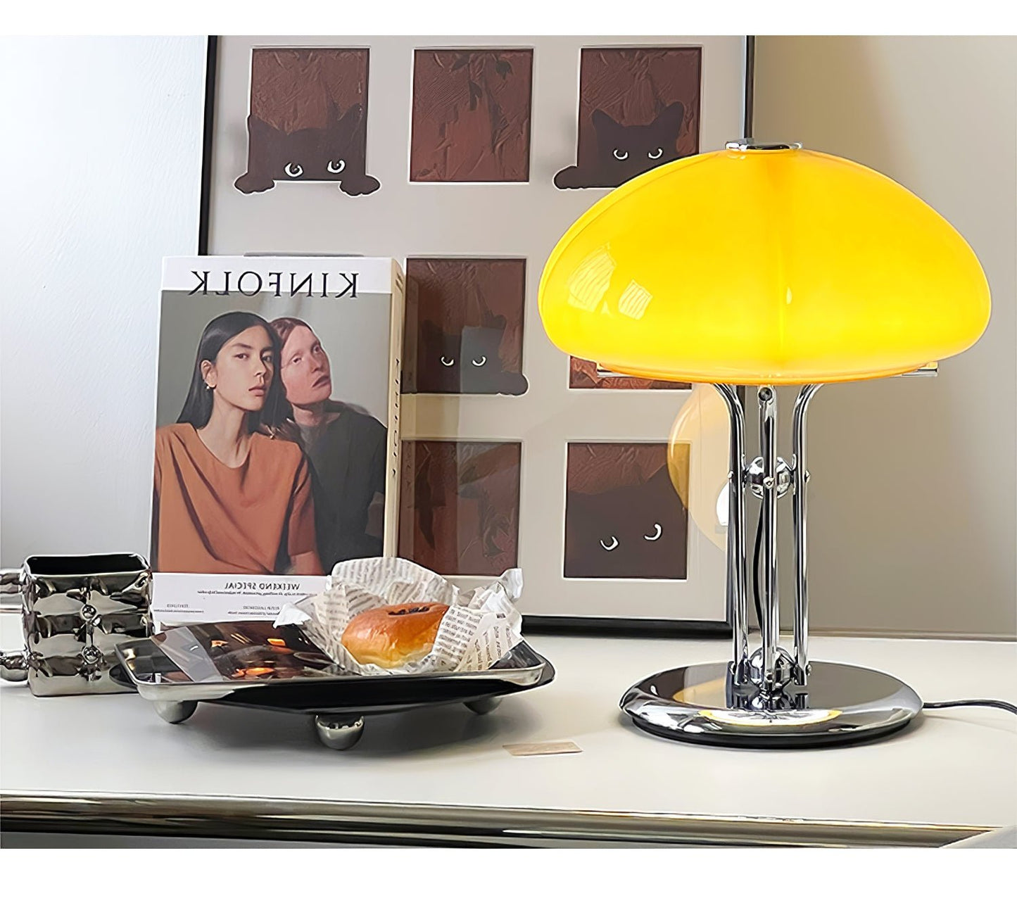 Mushroom Bauhaus Table Lamp Amber Glass Chrome LED Indoor Lighting