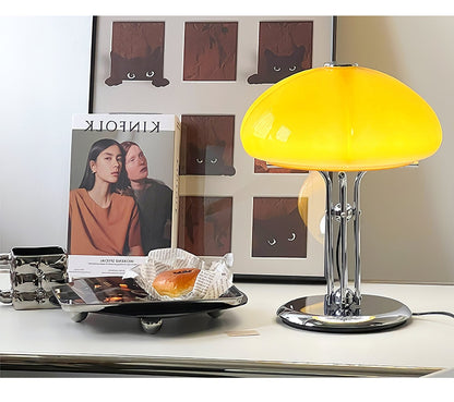 Mushroom Bauhaus Table Lamp Amber Glass Chrome LED Indoor Lighting