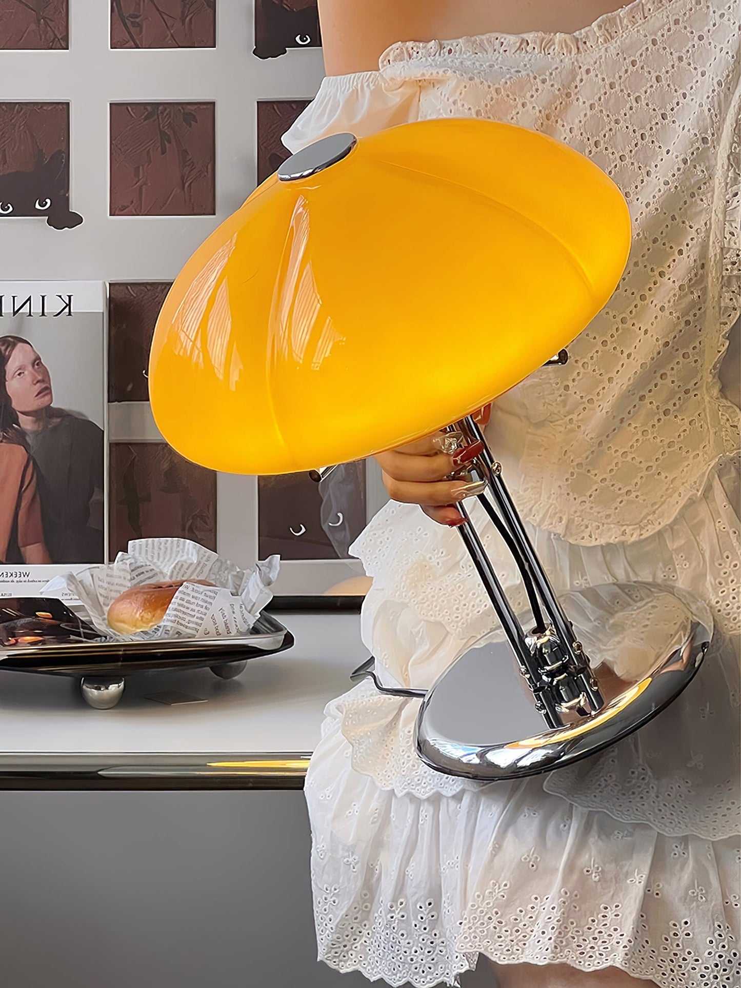 Mushroom Bauhaus Table Lamp Amber Glass Chrome LED Indoor Lighting