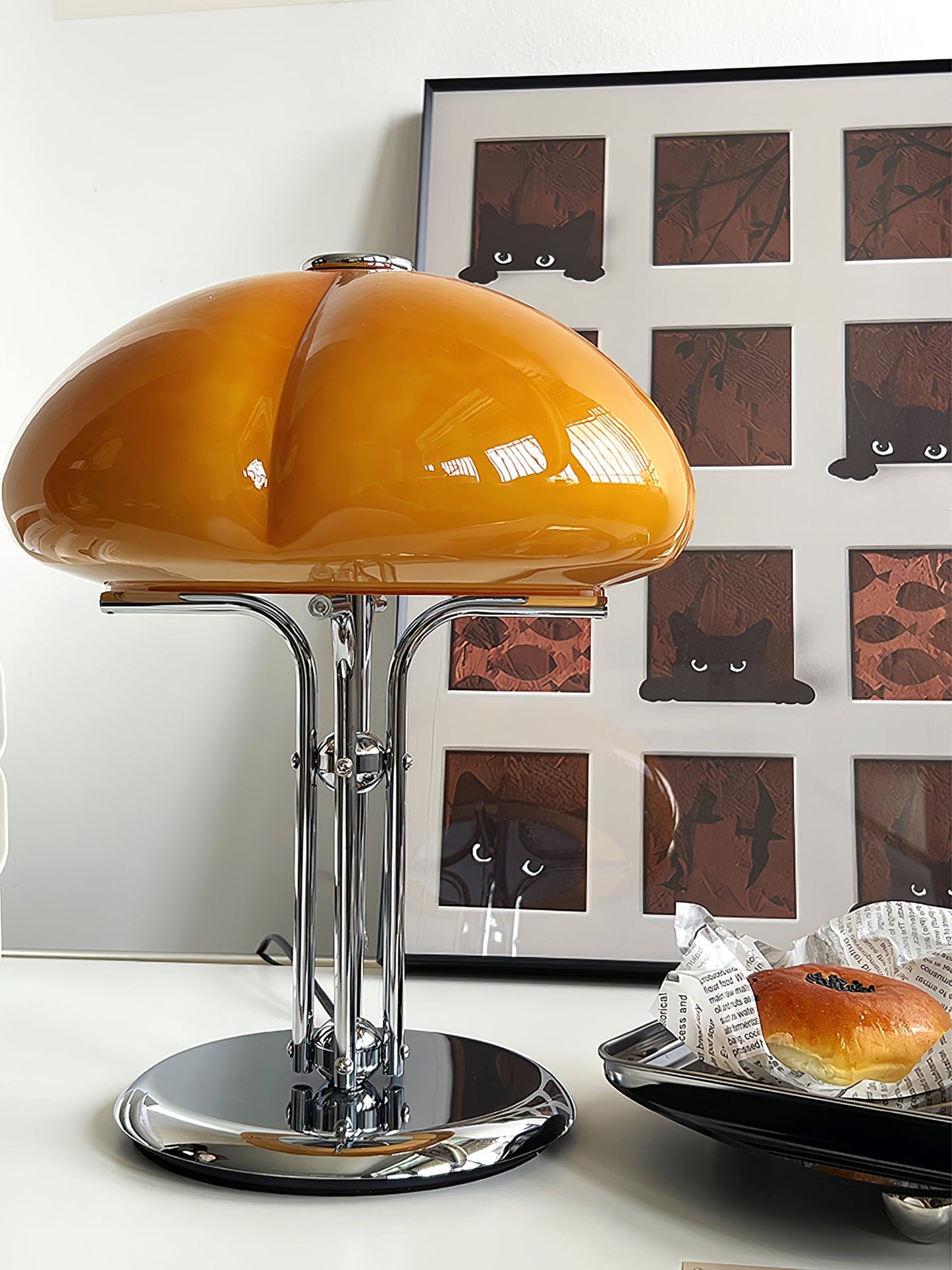 Mushroom Bauhaus Table Lamp Amber Glass Chrome LED Indoor Lighting